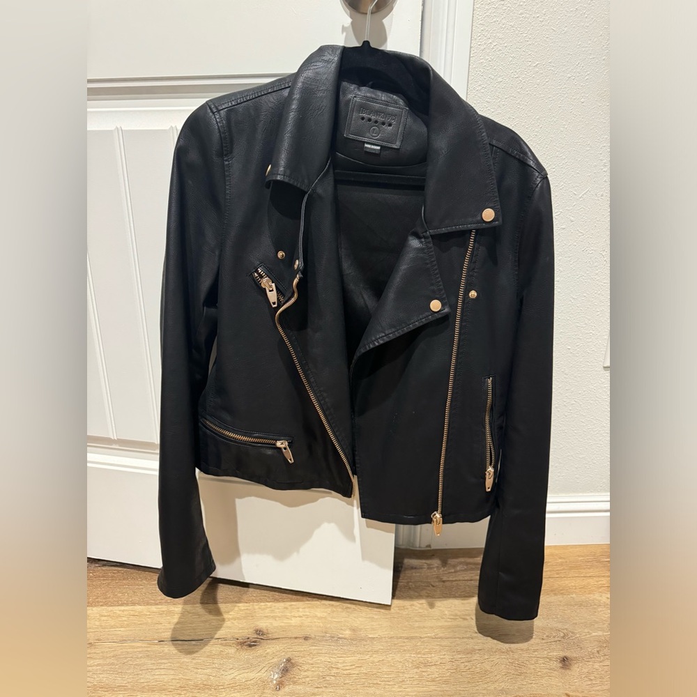 Black Faux Leather Jacket with Gold Detail